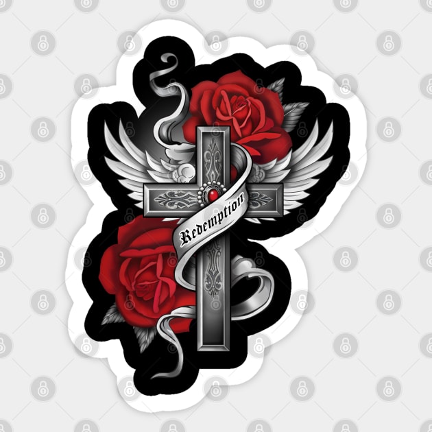 Tattoo Cross with Wings Redemption Sticker by Gothic Rose